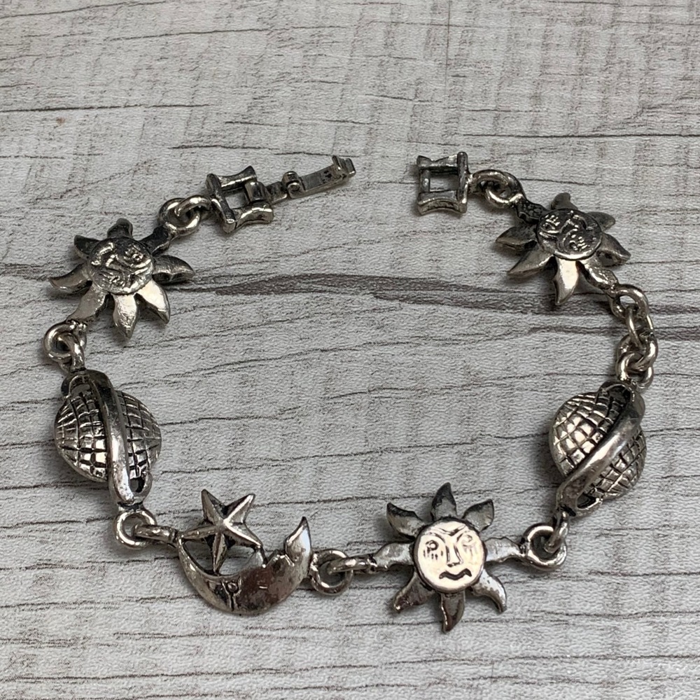 Vintage Silver Tone Celestial Sun Moon Star Saturn Planet Link Bracelet 6.5"
